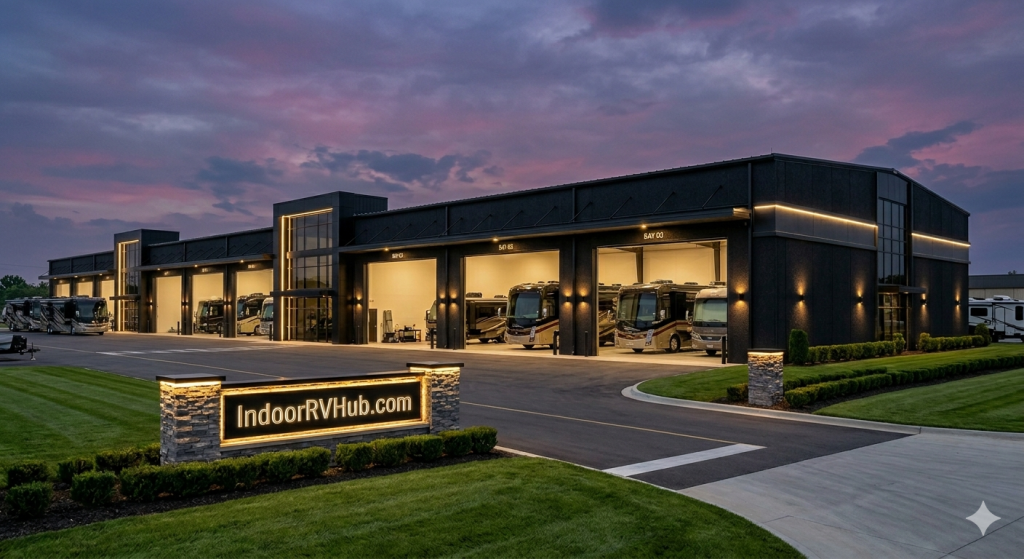 Exterior view of IndoorRVHub.com facility at dusk, featuring a modern dark-clad building with multiple open bays housing large Class A motorhomes, illuminated signage, and well-manicured landscaping. The dusk sky is shaded with beautifully shaded clouds of purple, rose, and pink. (AI-generated image)